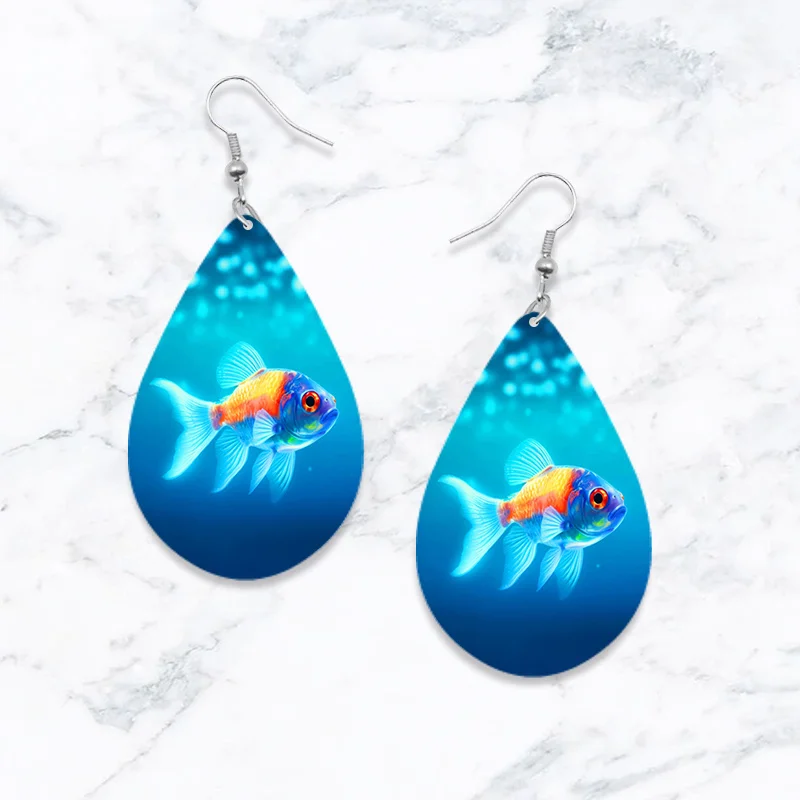 SOMESOOR Cute Sea Animal Print Wooden Teardrop Earrings Lovely Starfish Sea Turtle Seahorse Designs Ear Pendant Dangle Jewelry