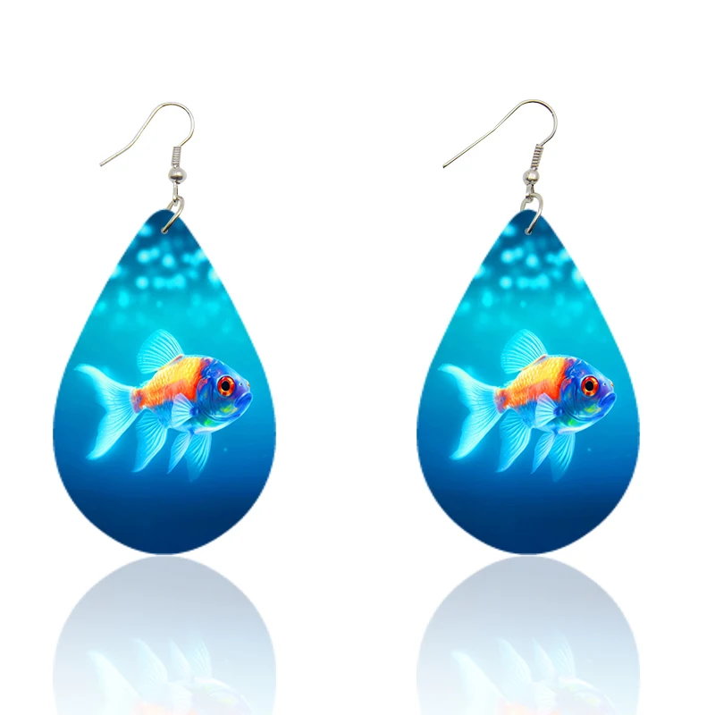 SOMESOOR Cute Sea Animal Print Wooden Teardrop Earrings Lovely Starfish Sea Turtle Seahorse Designs Ear Pendant Dangle Jewelry