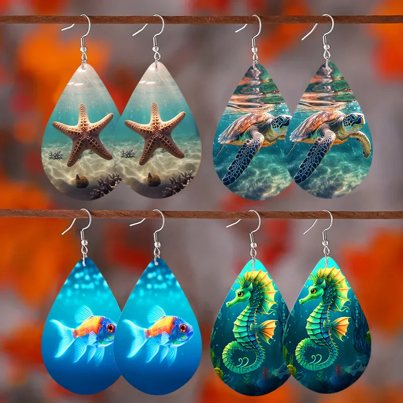 SOMESOOR Cute Sea Animal Print Wooden Teardrop Earrings Lovely Starfish Sea Turtle Seahorse Designs Ear Pendant Dangle Jewelry