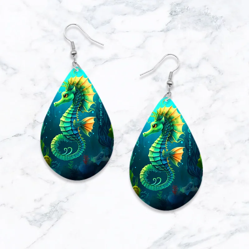 SOMESOOR Cute Sea Animal Print Wooden Teardrop Earrings Lovely Starfish Sea Turtle Seahorse Designs Ear Pendant Dangle Jewelry