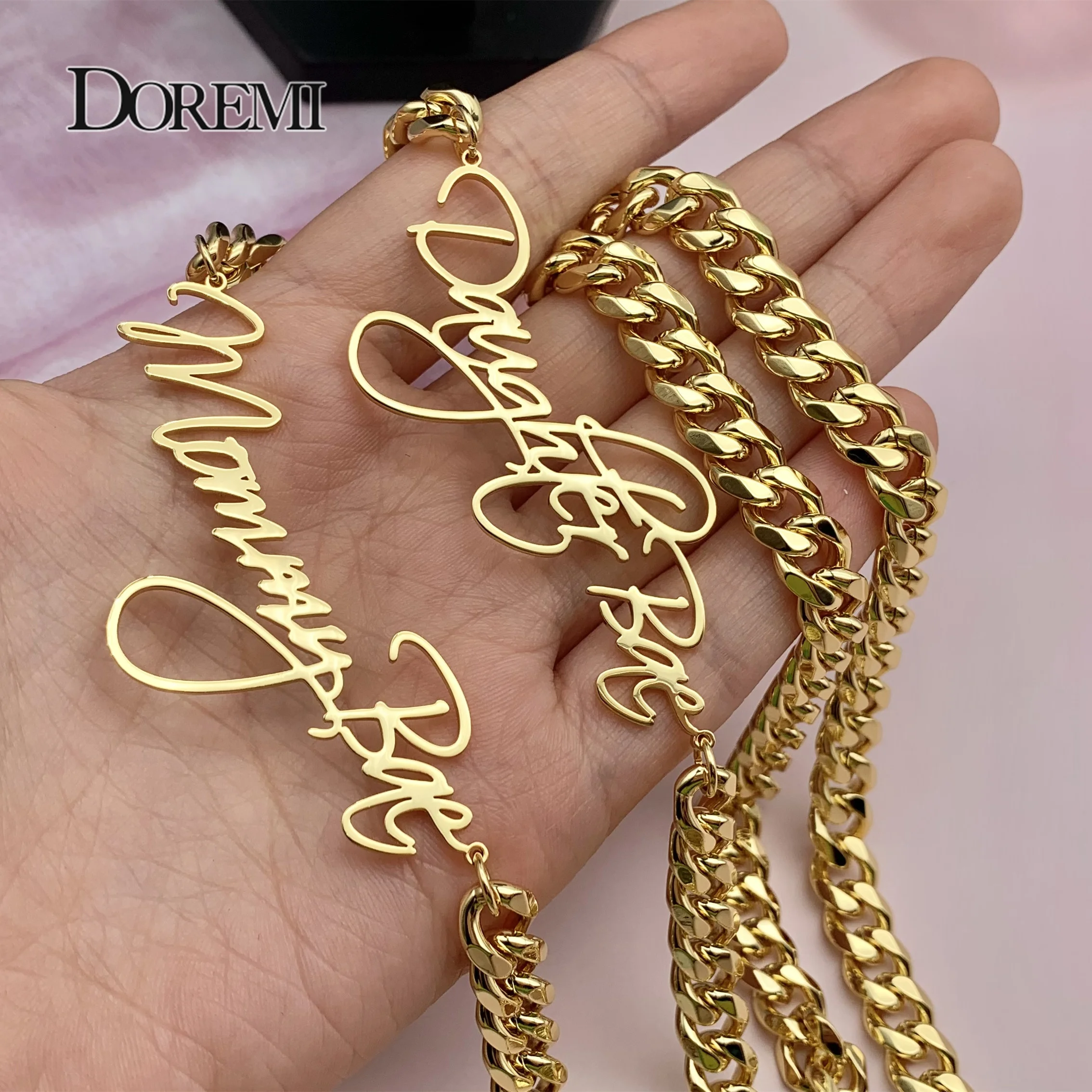 DOREMI 8mm Cuban Thick Chain Customized Cursive Nameplate Necklaces Custom Name Pendant Personalized Necklace Women Gift