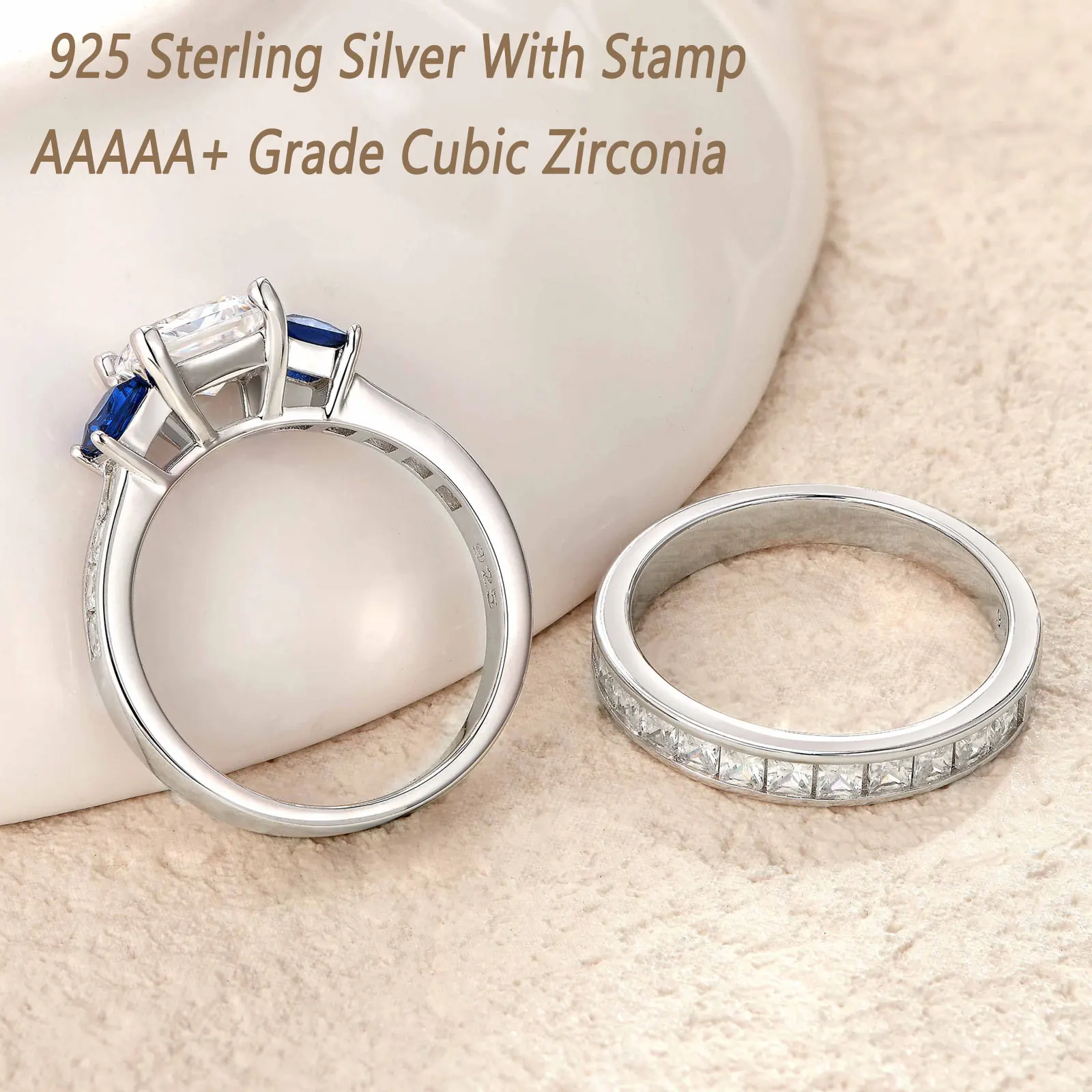 Newshe 925 Sterling Silver Rings Set for Women Three Princess Cut White Blue AAAAA Zircons Luxury Engagement Wedding Jewelry
