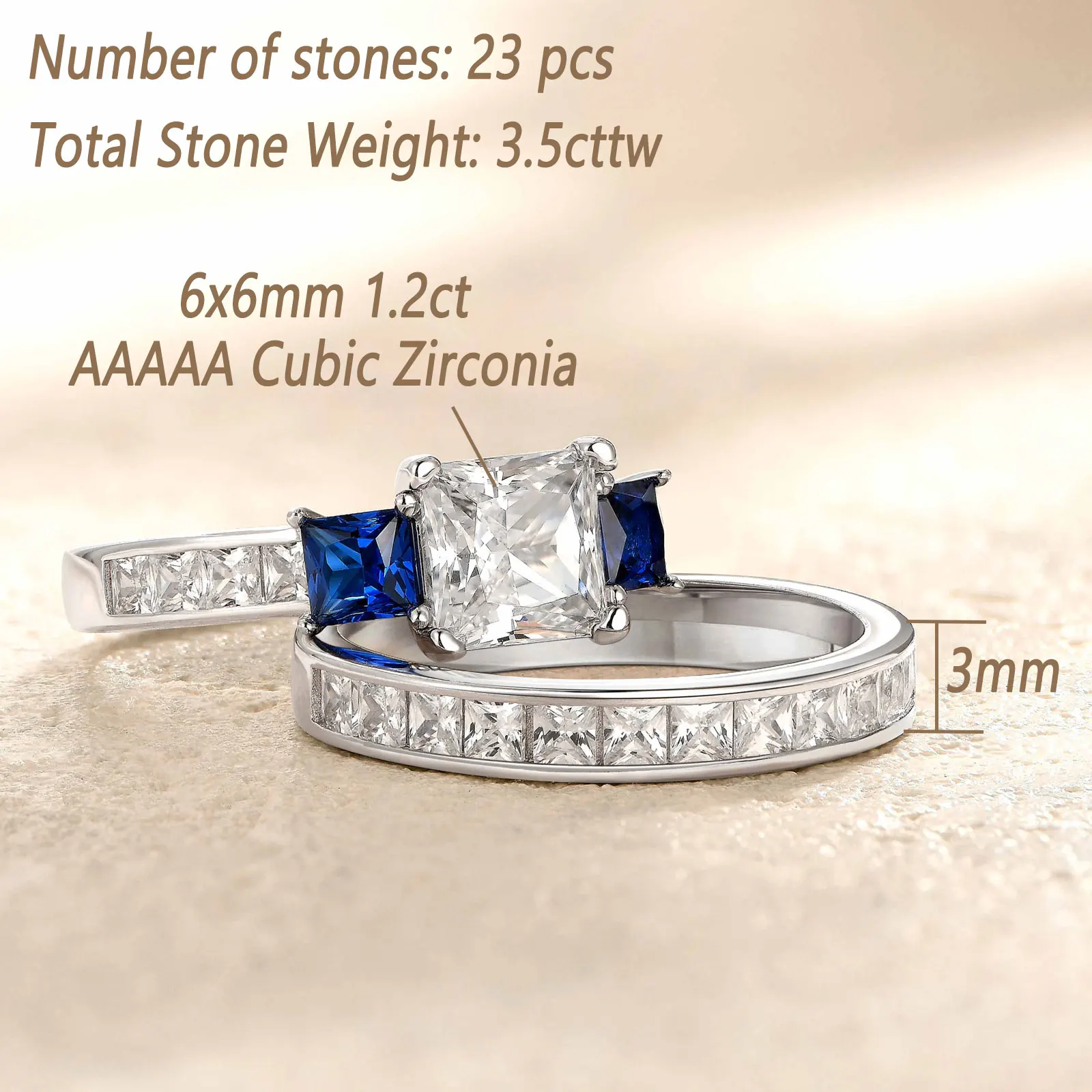 Newshe 925 Sterling Silver Rings Set for Women Three Princess Cut White Blue AAAAA Zircons Luxury Engagement Wedding Jewelry