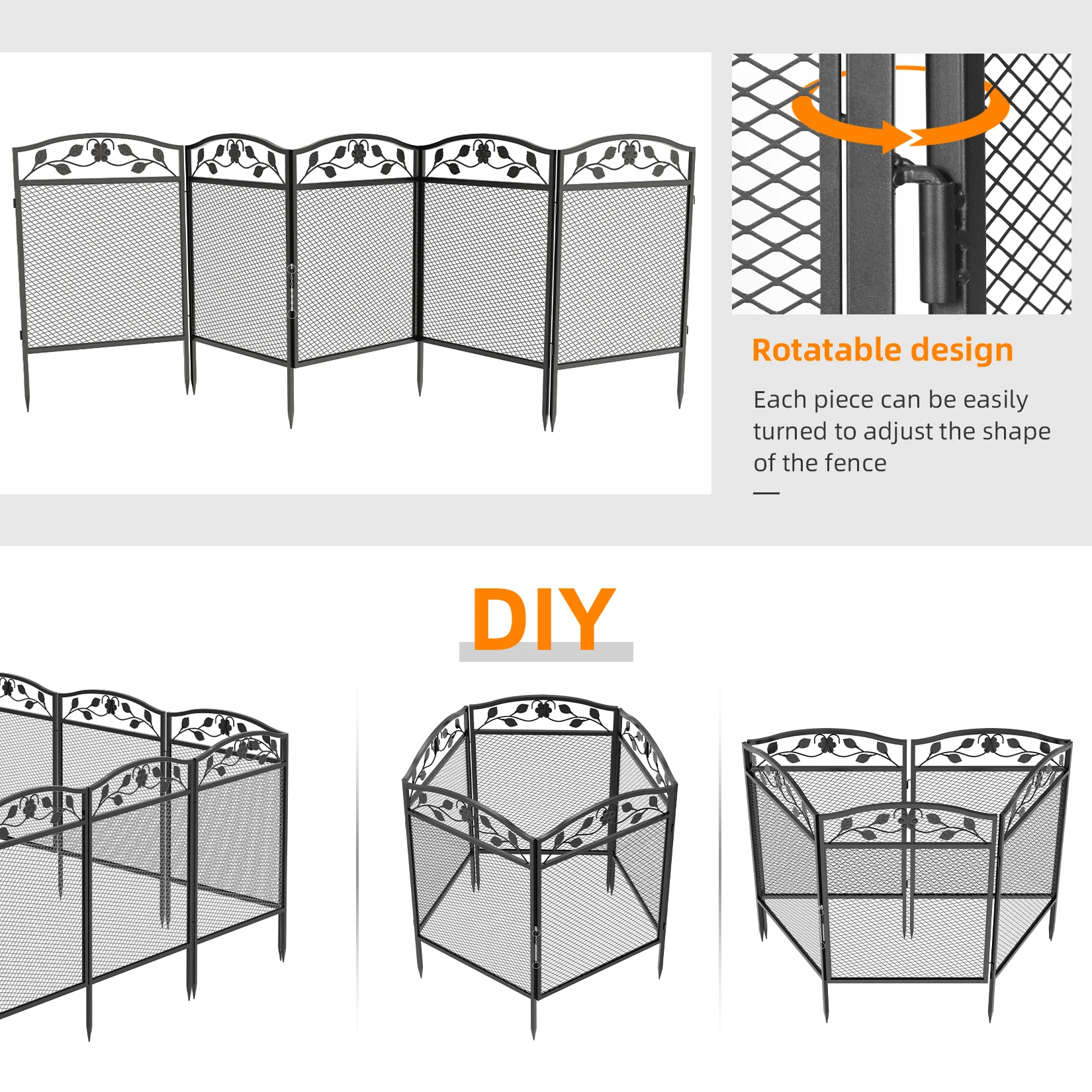 Heavy Metal Dog Playpen, Animal Barrier, Edging Board for In/Outdoor, Decorative Garden Fences with Safety Latch, 5 Panels
