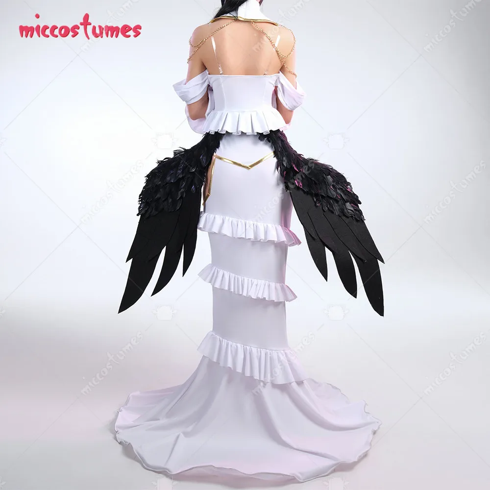 Miccostumes Women Anime Cosplay Costume White Off-shoulder Top and Cutout Skirt Set