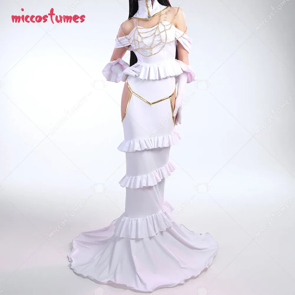 Miccostumes Women Anime Cosplay Costume White Off-shoulder Top and Cutout Skirt Set