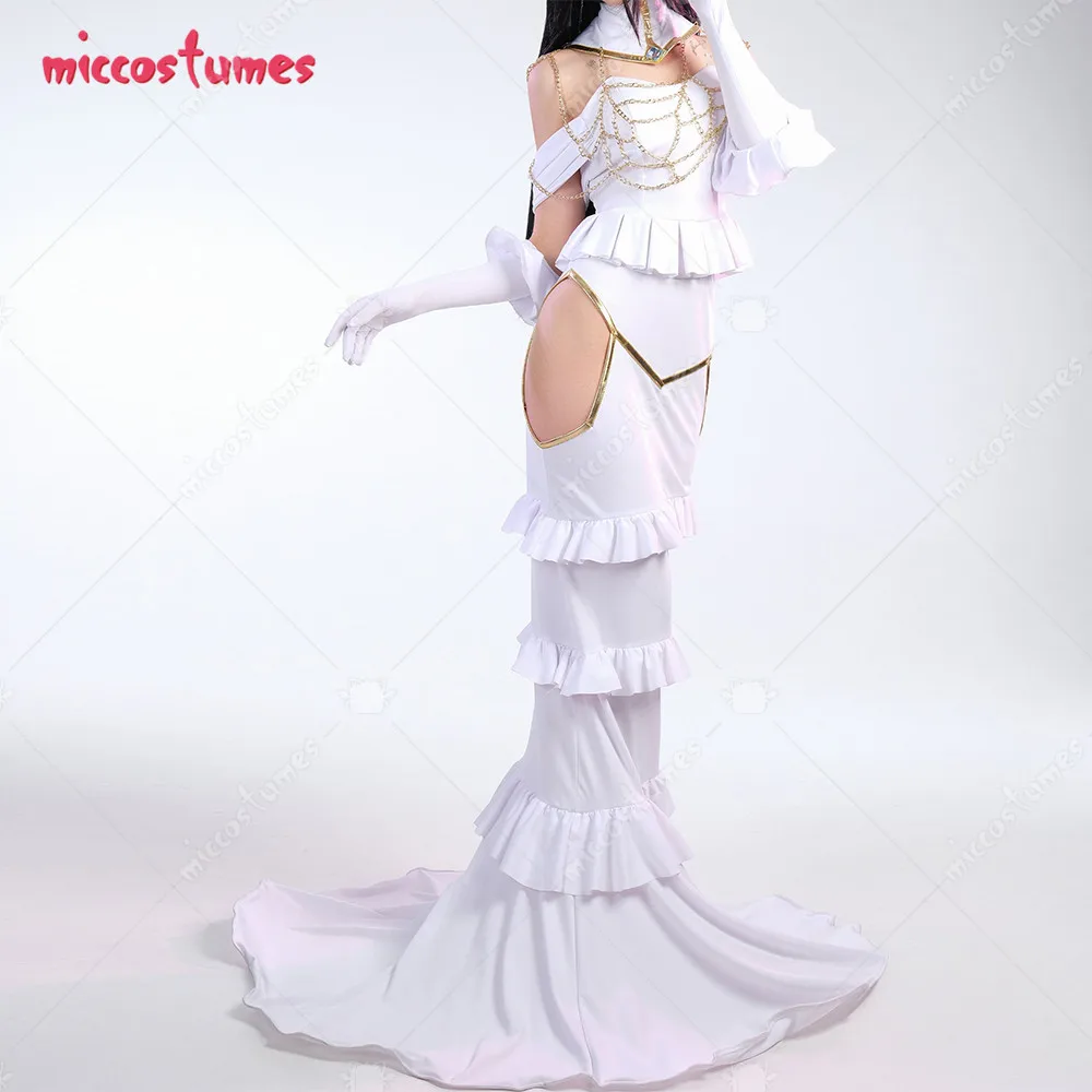 Miccostumes Women Anime Cosplay Costume White Off-shoulder Top and Cutout Skirt Set
