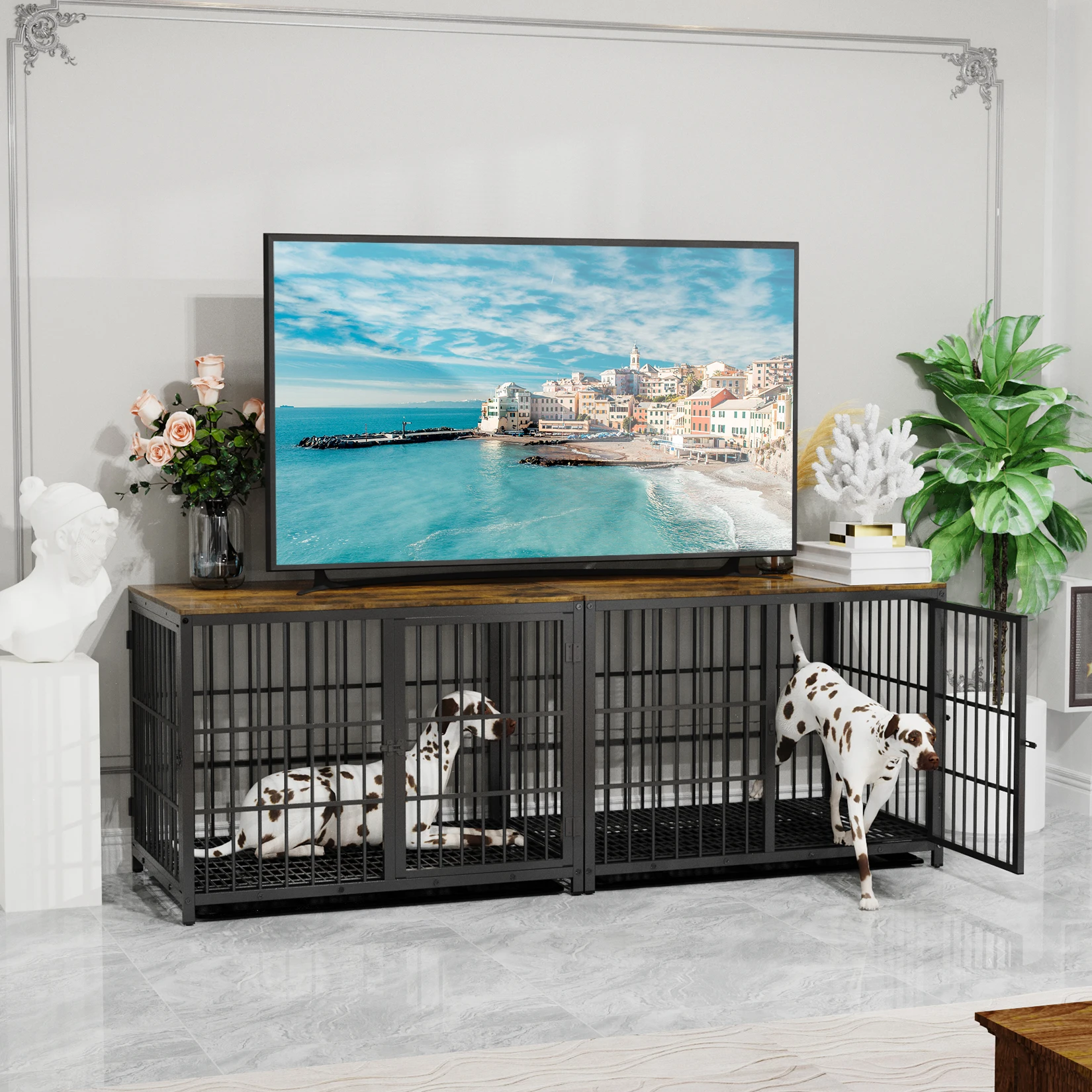 Furniture Style Dog Crate Metal and Wood Pet Kennel End Table with Three Doors and Removable Tray