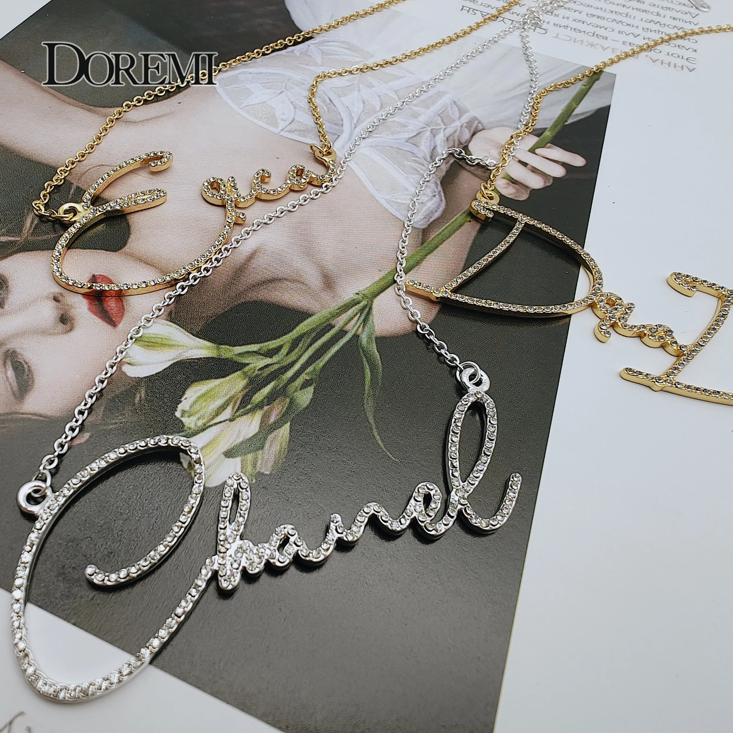 DOREMI Script Tont Crystal Name Necklaces Letters Pendant Necklace for Women Custom Chain Jewelry Personalized Valentine's Day