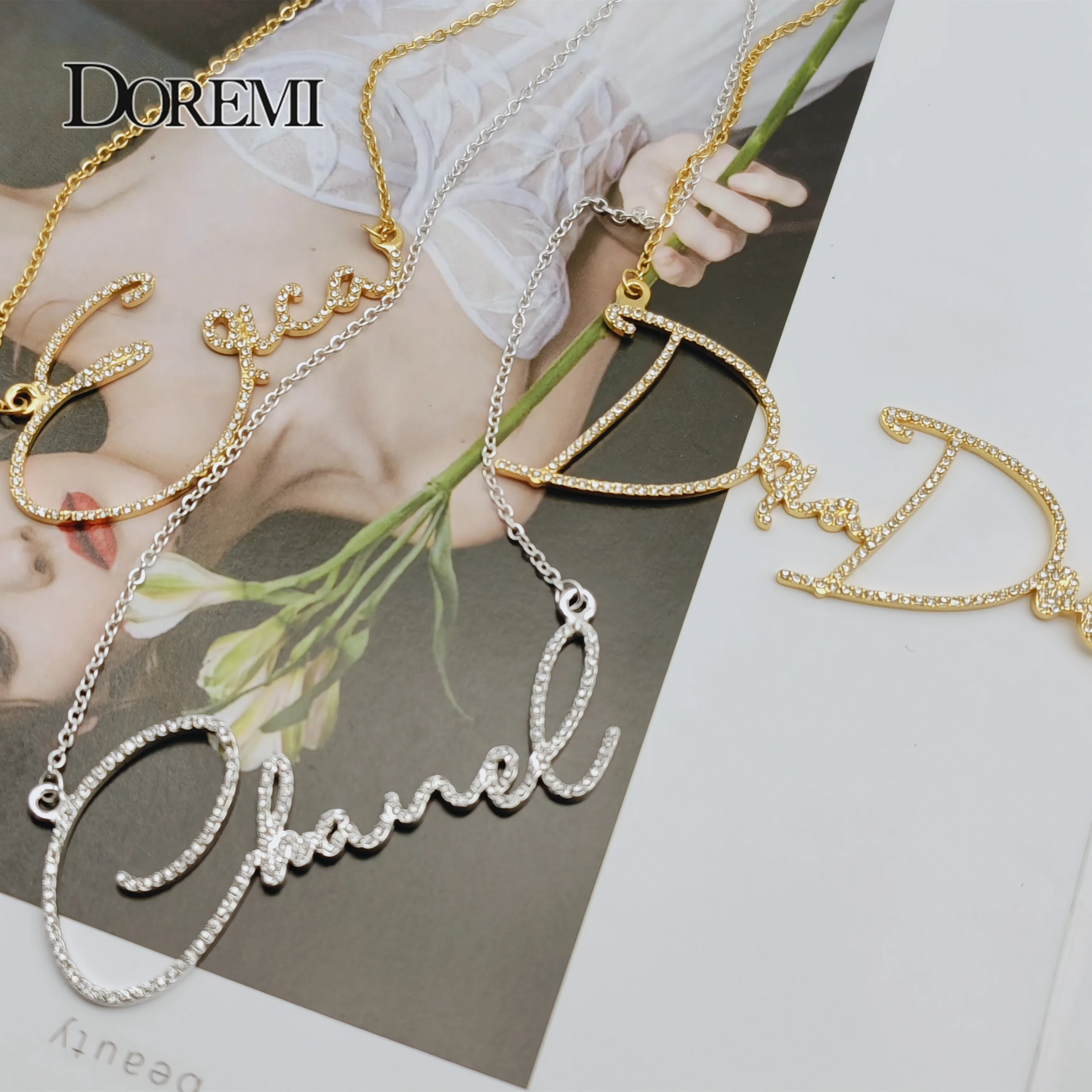 DOREMI Script Tont Crystal Name Necklaces Letters Pendant Necklace for Women Custom Chain Jewelry Personalized Valentine's Day