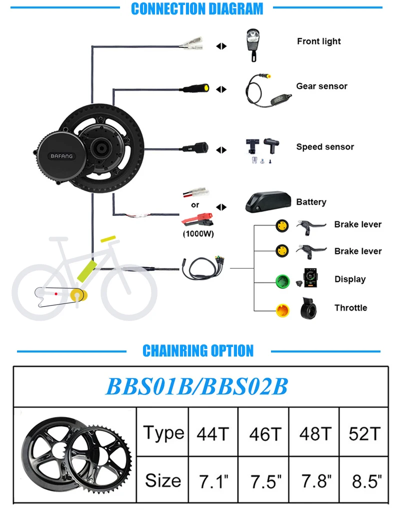 Bafang Motor BBSHD 1000W 52V BBS02B BBS02 750W 500W 48V BBS01 250W 36V Mid Drive Motor Electric Bicycle Conversion Kit 44T / 46T