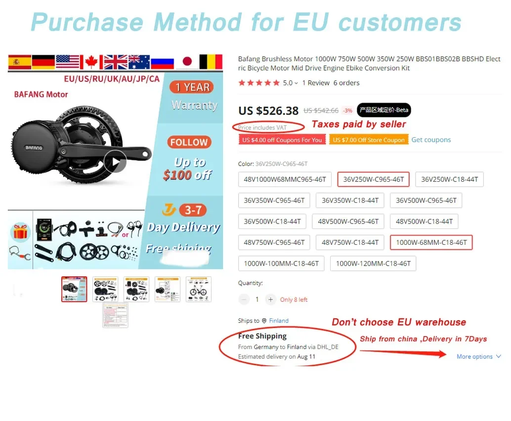 Bafang Motor BBSHD 1000W 52V BBS02B BBS02 750W 500W 48V BBS01 250W 36V Mid Drive Motor Electric Bicycle Conversion Kit 44T / 46T