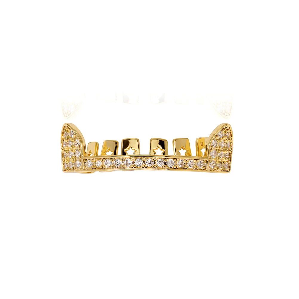 GUCY Hip Hop Full CZ Stones Teeth Grillz Caps Cubic Zircon Iced Out Micro Pave Top Charm Grills For Men Women Jewelry Gift