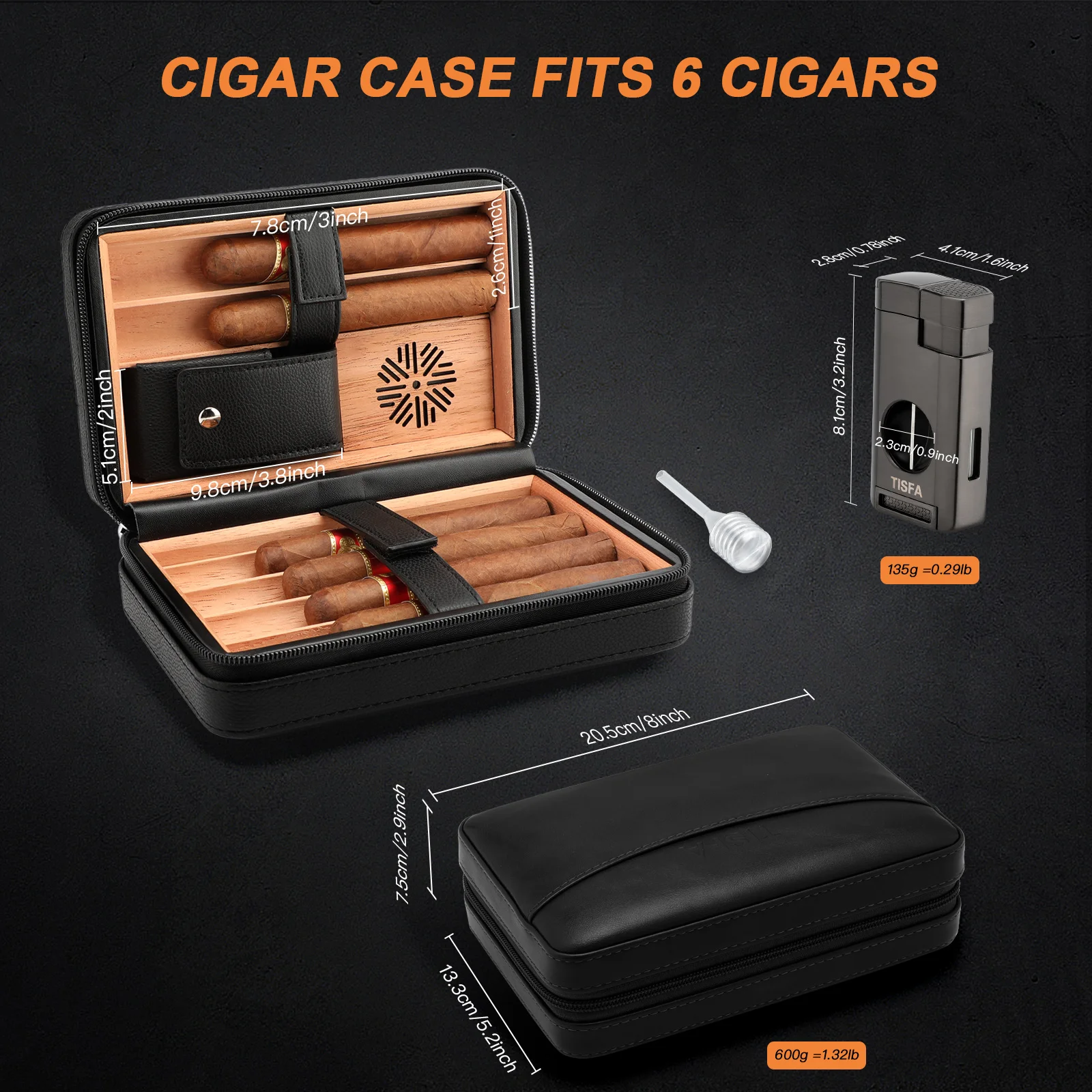 Cigar Humidor, Leather Cedar Wood Cigar Case with Cigar Lighter, V Cut Cigar Cutter,Cigar Holder 3 in 1 Travel Cigar Humidor Box