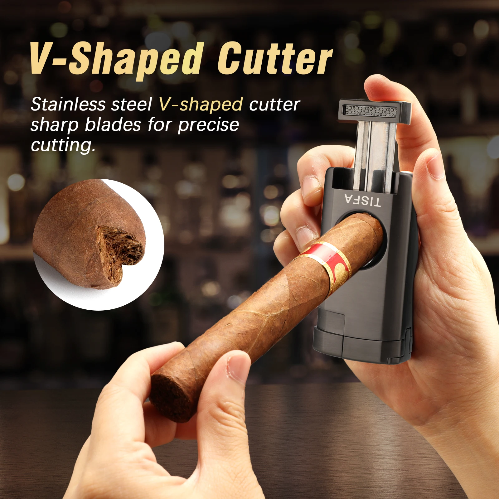 Cigar Humidor, Leather Cedar Wood Cigar Case with Cigar Lighter, V Cut Cigar Cutter,Cigar Holder 3 in 1 Travel Cigar Humidor Box