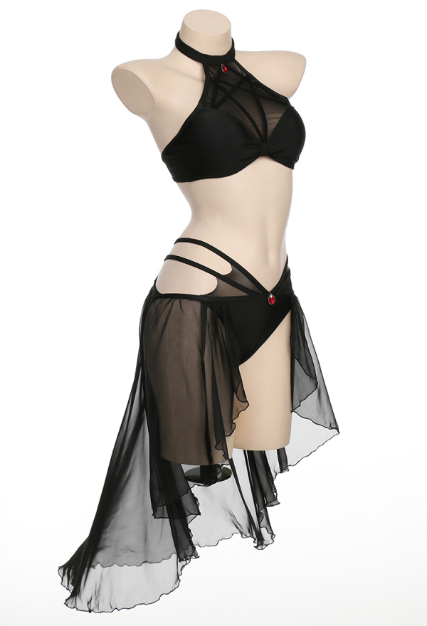 Meowcos Gothic Bikini Set for Women Swimsuit Halter Pentagram Mesh Top and Bottoms Two-Piece Bathing Suit Swimwear