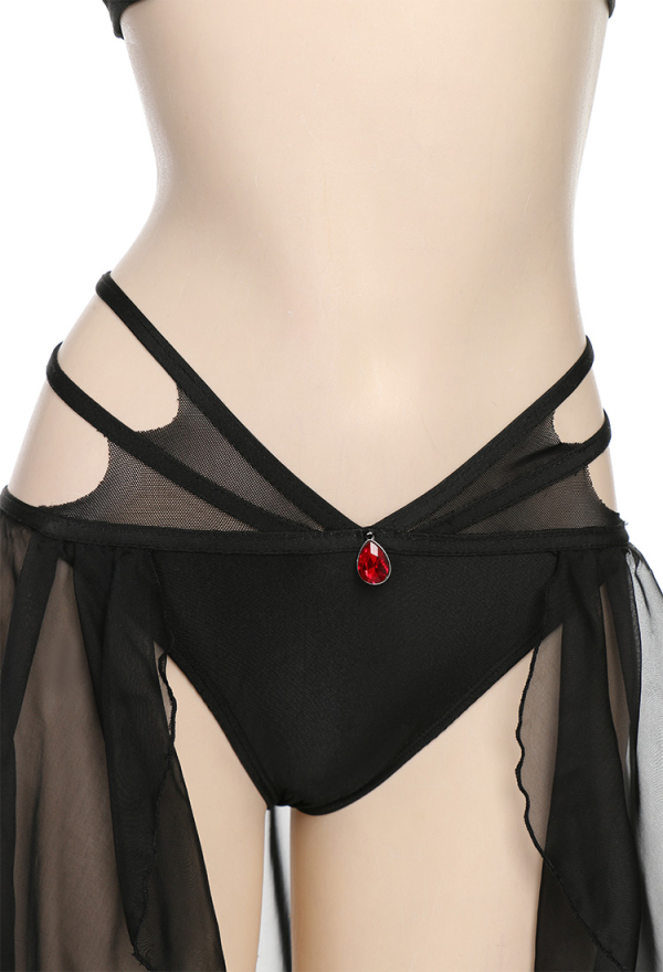 Meowcos Gothic Bikini Set for Women Swimsuit Halter Pentagram Mesh Top and Bottoms Two-Piece Bathing Suit Swimwear