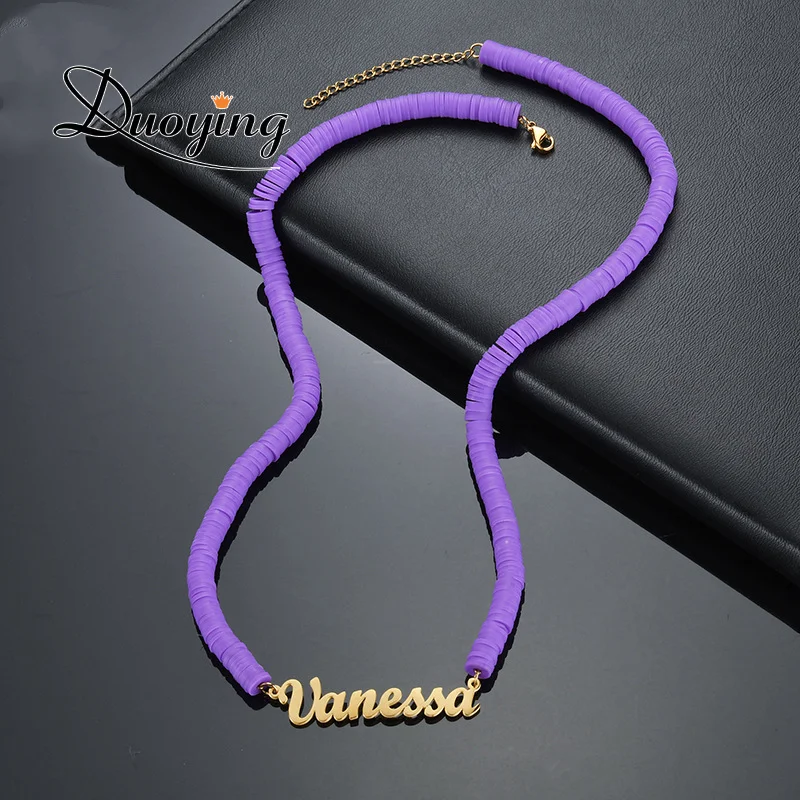 Duoying Personalized Soft Pottery Beaded Name Necklace, Nameplate Bracelet Stainlee steel Custom Necklace Bracelet Jewerly Set