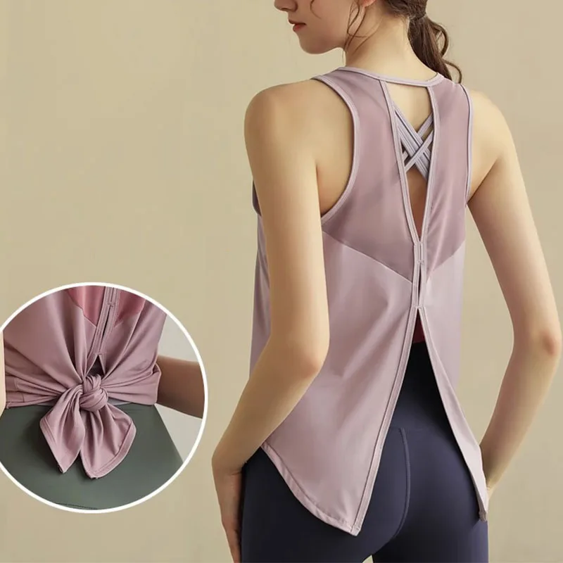 Loose Running T-shirt Women Mesh Patchwork Sleeveless Sports Top Breathable Running Fitness Yoga Shirt Workout Top Cover Up