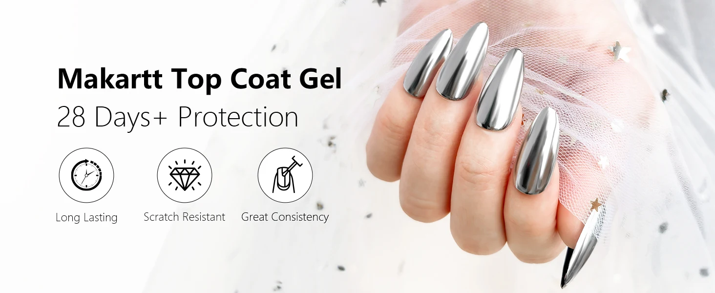 Makartt Gel Top Coat for Chrome Nail Powder - 15ml No Wipe High Gloss Top Coat Gel Nail Polish Mirror Shine Nail Gel