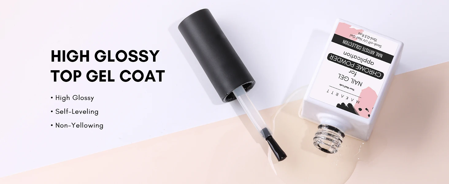 Makartt Gel Top Coat for Chrome Nail Powder - 15ml No Wipe High Gloss Top Coat Gel Nail Polish Mirror Shine Nail Gel