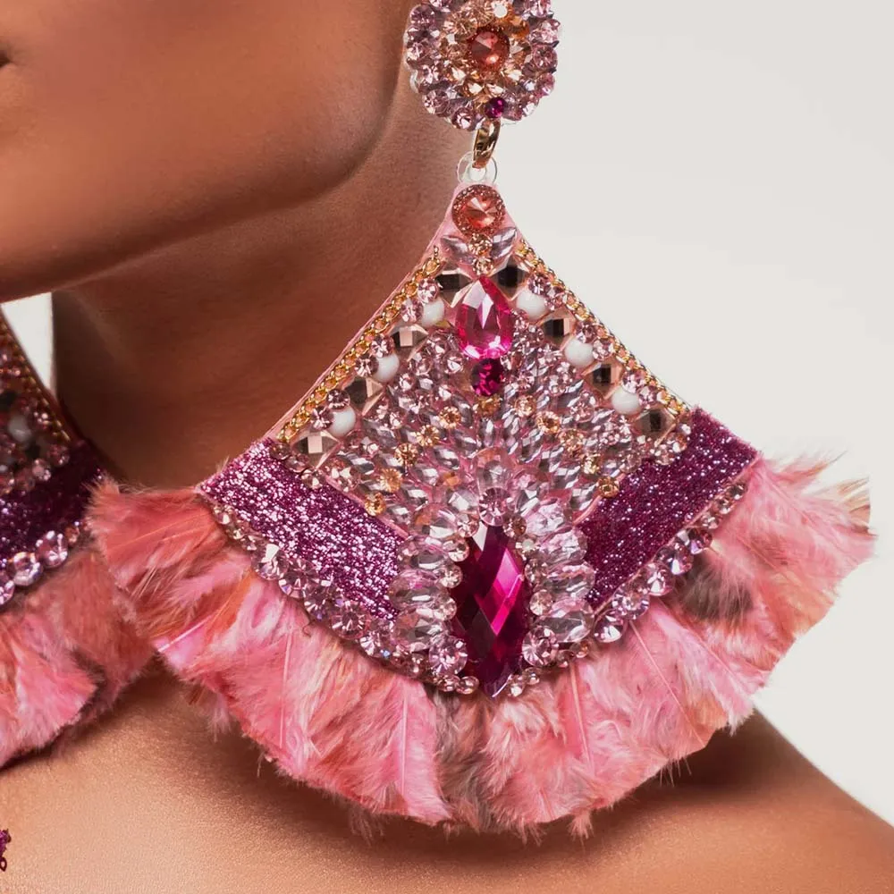 Stonefans Pink Exaggerated Sector Earrings Prom Accessories Club Statement Large Temperament Hanging Earrings Decoration Jewelry