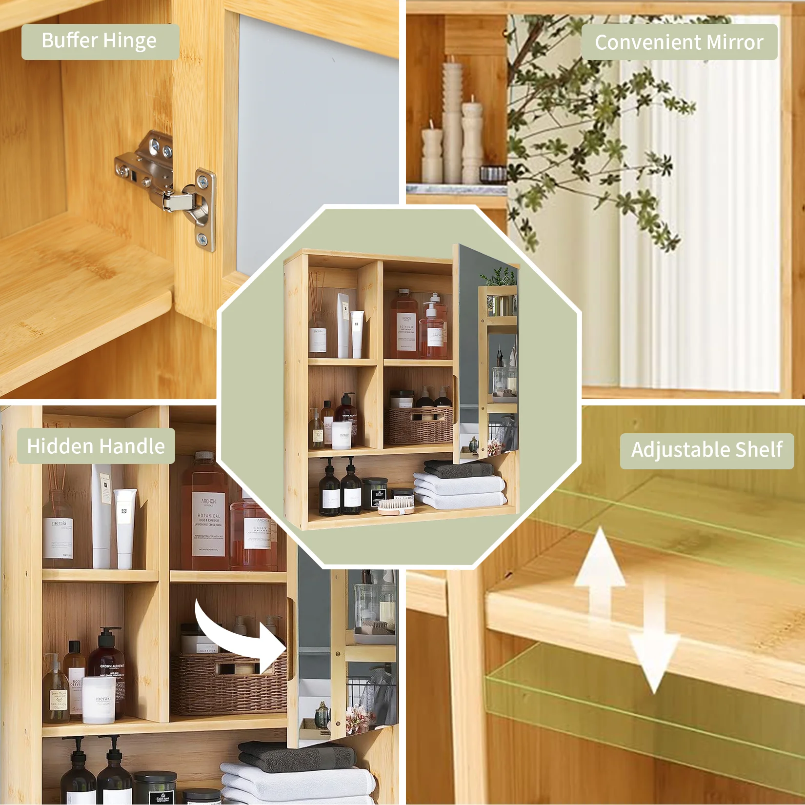 Wall Medicine Cabinet Cupboard Natural Bamboo Bathroom Vanity Mirror 5 Open Storage Shelf