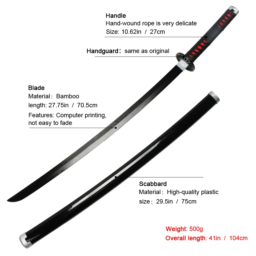 Japanese Anime Samurai Sword Cosplay Character Weapons Porps Wooden Blade Toy Katana Kyoujurou Shinobu Black Muichirou