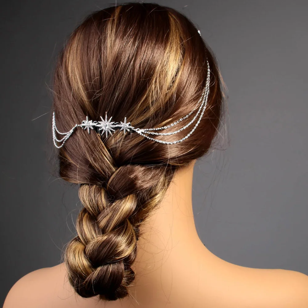 Stonefans Fashion Rhinestone Star Hair Comb Chain Jewelry for Women Bridal Multilayer Thin Chain Tiara Wedding Headpiece Gift