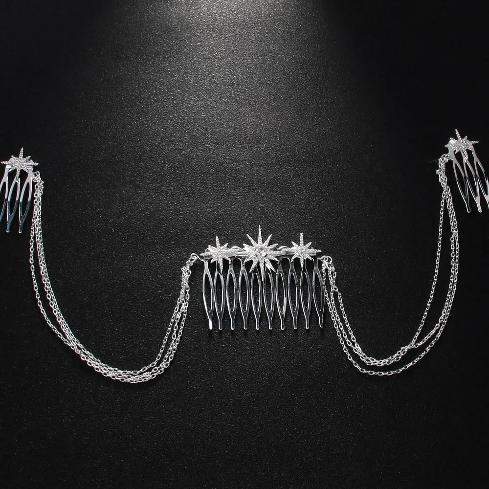 Stonefans Fashion Rhinestone Star Hair Comb Chain Jewelry for Women Bridal Multilayer Thin Chain Tiara Wedding Headpiece Gift