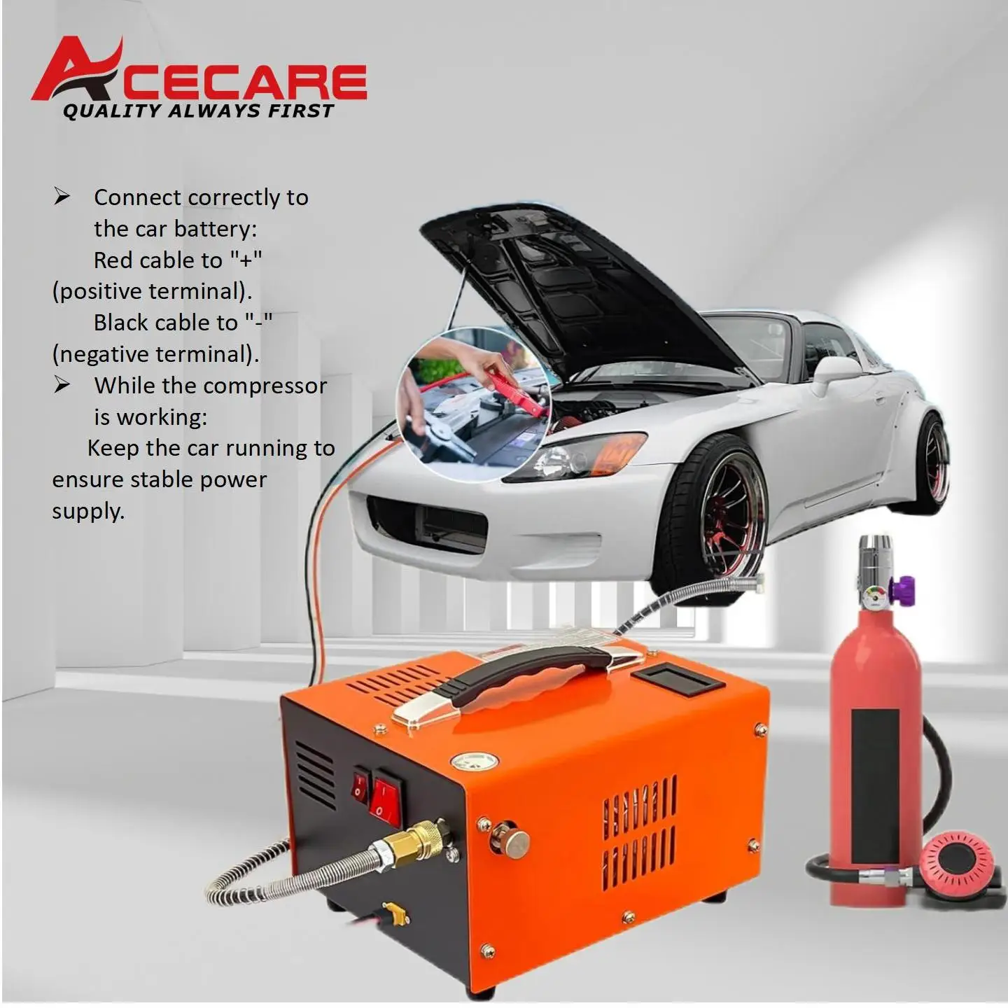 ACECARE 110V/12V DC PCP 4500Psi 300Bar Compressor Portable High Pressure Compressor PCP Diving Tank