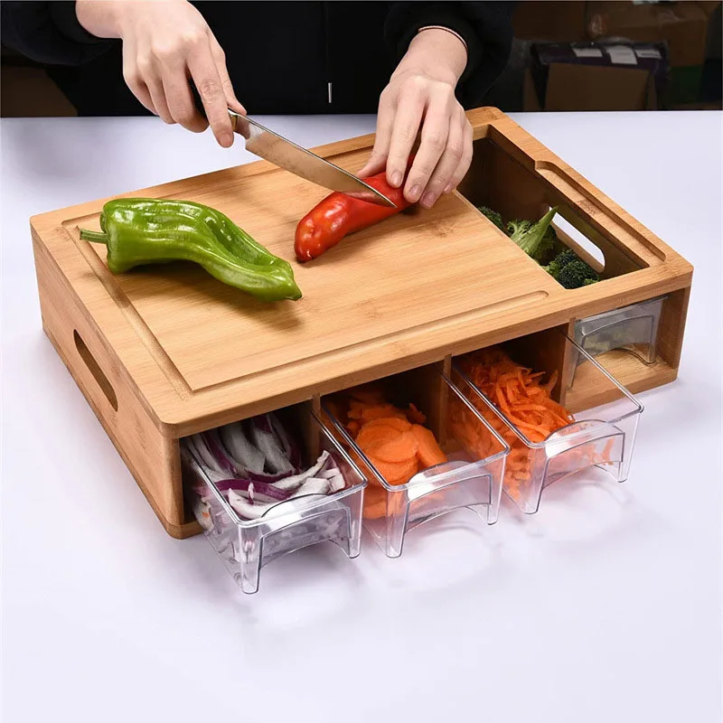 Solid Wood Kitchen Cutting Board Storage Box Drawer Type Cutting Board Rolling Panel Cutting Fruit Board Can Store
