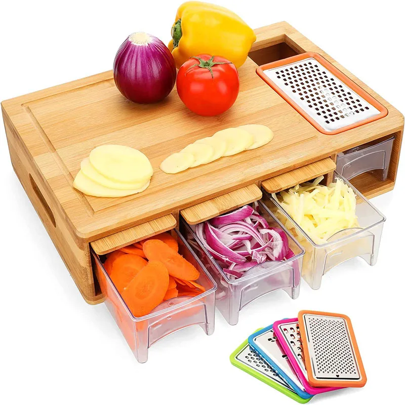 Solid Wood Kitchen Cutting Board Storage Box Drawer Type Cutting Board Rolling Panel Cutting Fruit Board Can Store
