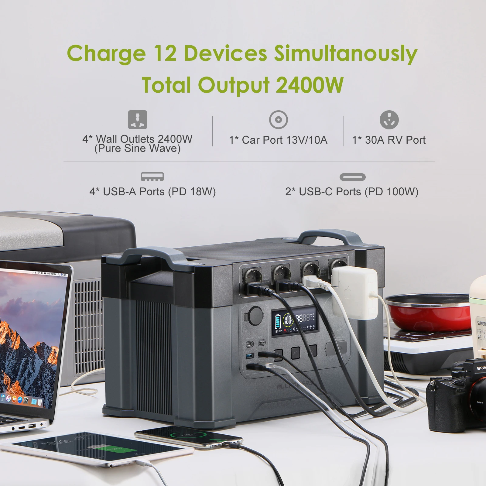 ALLPOWERS Powerstation 2400W Mobile Energy Storage Power Supply With 18V Solarpanel, 4x2400W AC Outlet,30A RV Plug,UPS Function