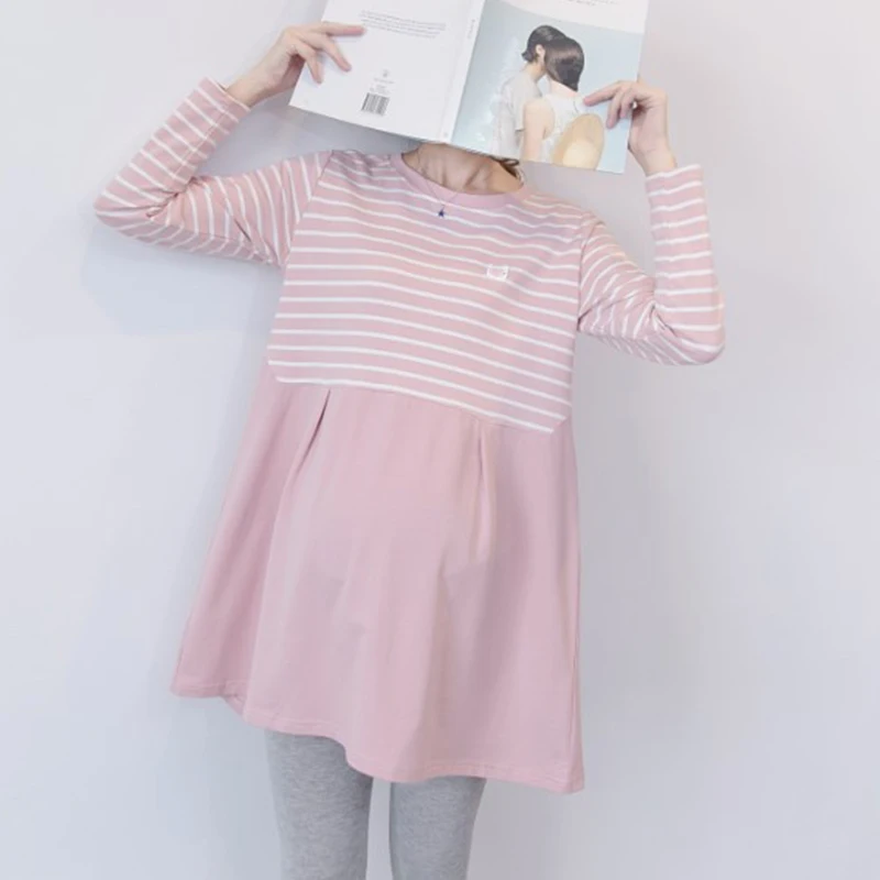 Spring and Autumn Maternity Dress Sweet Casual Loose Straight Clothes for Pregnant Women Elegant Long Sleeve Maternity Dress F5