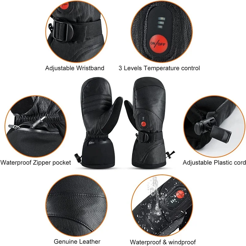 Winter Ski Snowboard Gloves Rechargeable Heated Thermal Leather Waterproof High Temperature Mittens With Battery Woman Men Black