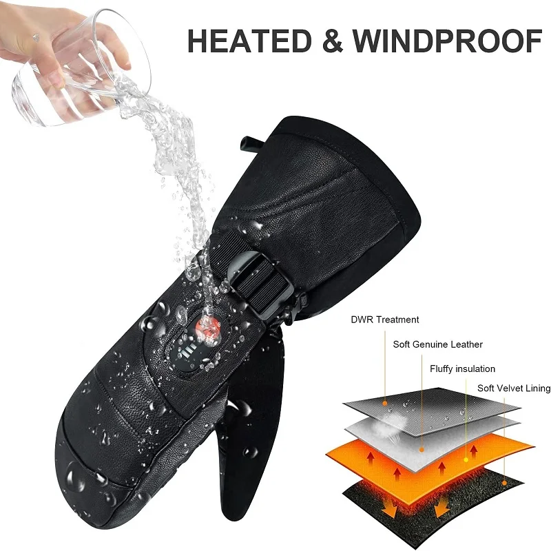 Winter Ski Snowboard Gloves Rechargeable Heated Thermal Leather Waterproof High Temperature Mittens With Battery Woman Men Black