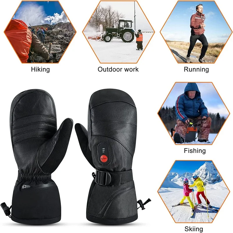 Winter Ski Snowboard Gloves Rechargeable Heated Thermal Leather Waterproof High Temperature Mittens With Battery Woman Men Black