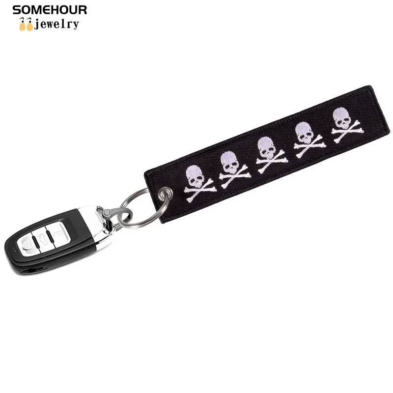 SOMEHOUR Danger Machine Keychain Jewelry Embroidered Skull Both Sides Key Rings For Bicycle Motorcycle Car Bag Women Men Gifts