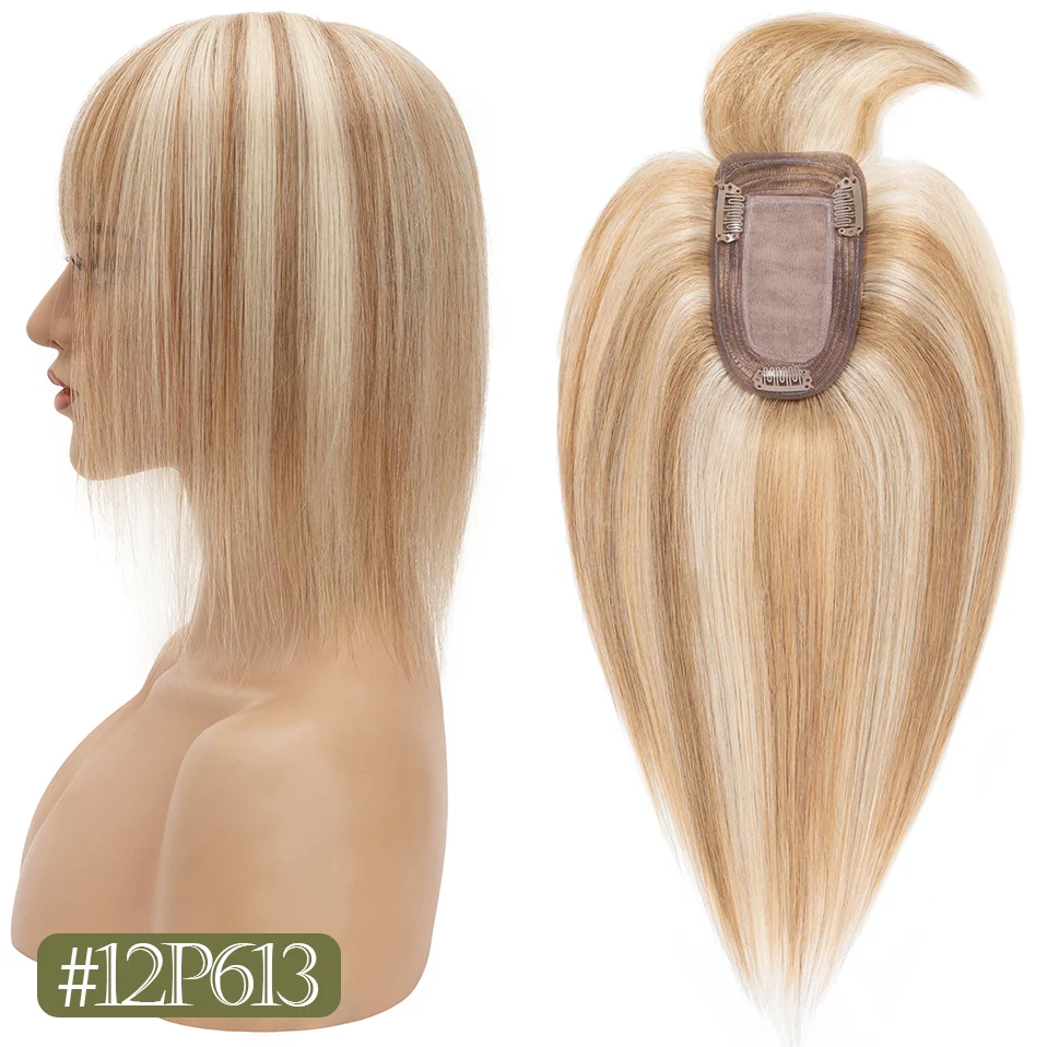 TESS Women Topper 7x12.5cm Hair Toppers With Bangs Natural Hair Wig Human Hair Silk Base Center Part Hair Clip In Hair Extension