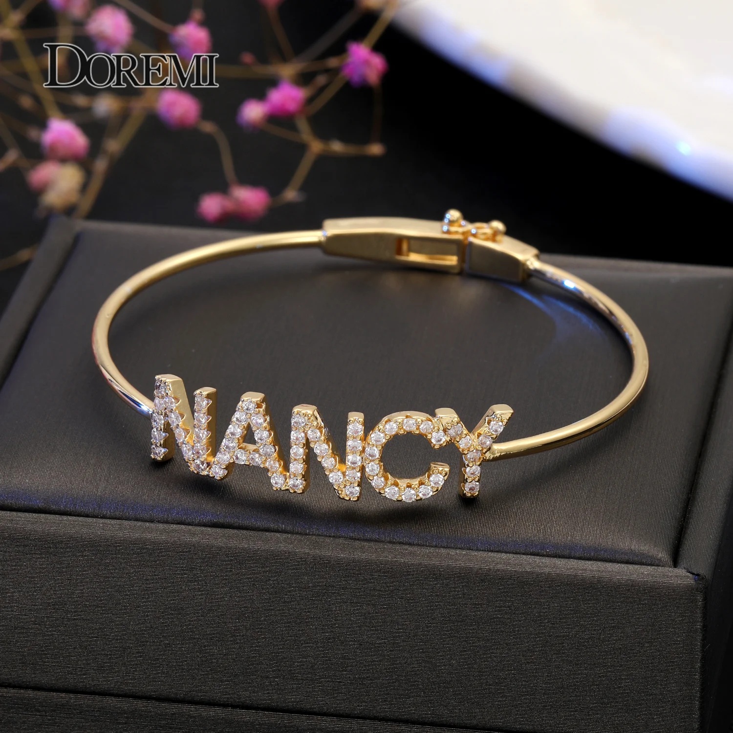DOREMI Crystal Name Bangle with Zircon Pink Heart Bracelet Custom 9mm Letter Personalized Bracelets Rhinestone Hand Jewelry