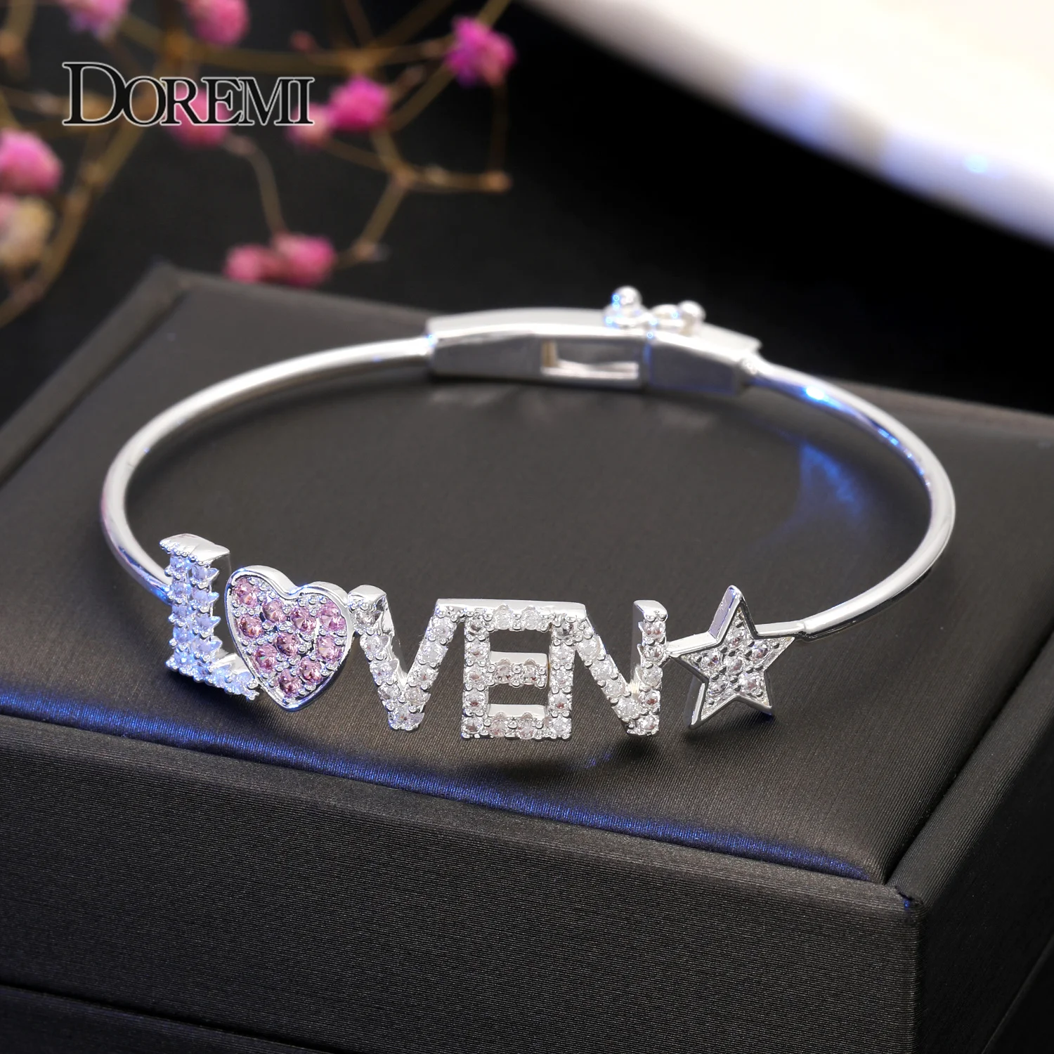 DOREMI Crystal Name Bangle with Zircon Pink Heart Bracelet Custom 9mm Letter Personalized Bracelets Rhinestone Hand Jewelry