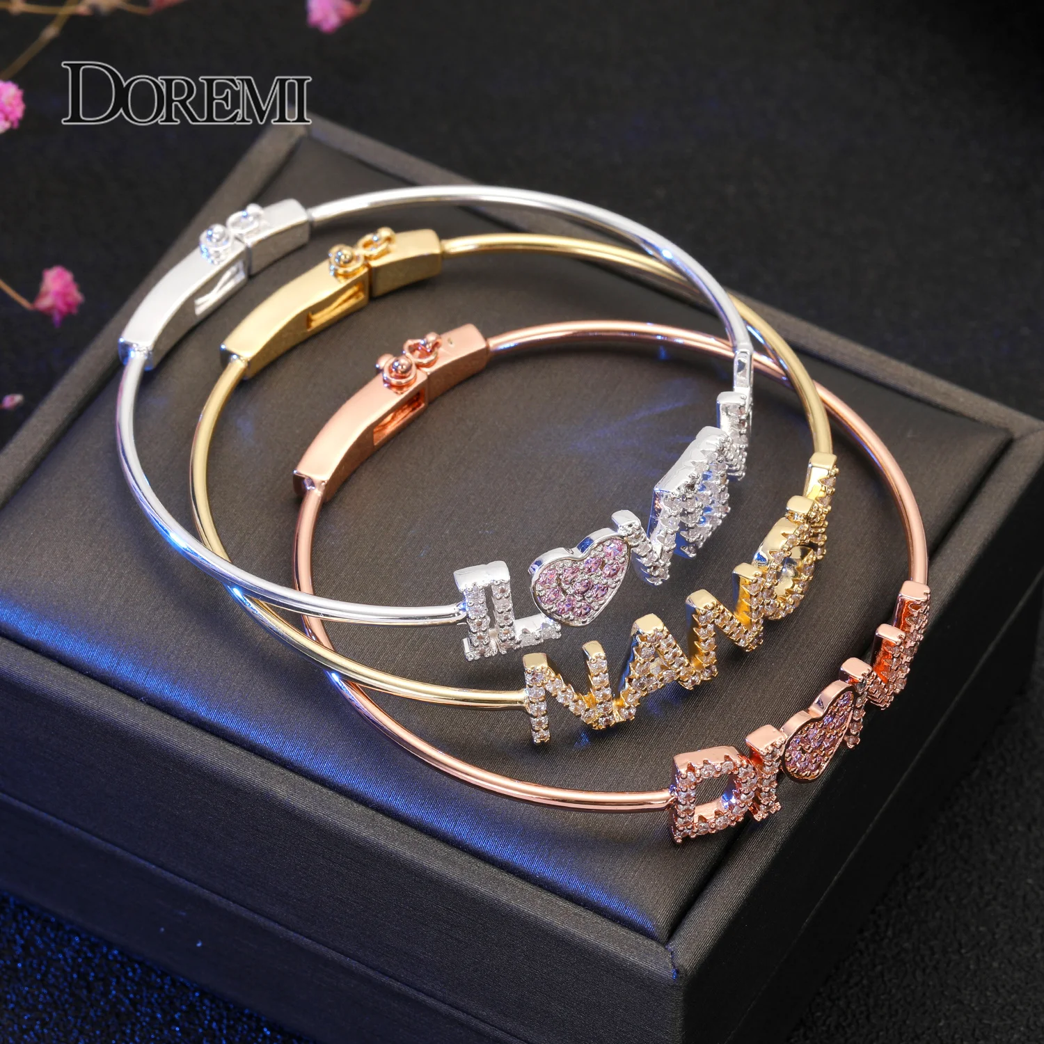 DOREMI Crystal Name Bangle with Zircon Pink Heart Bracelet Custom 9mm Letter Personalized Bracelets Rhinestone Hand Jewelry