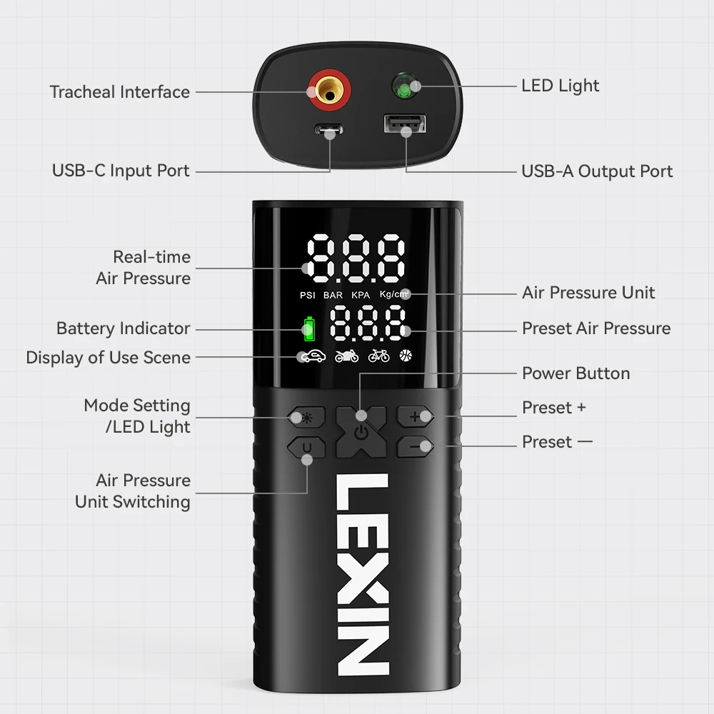 Lexin P4 Smart Air Pump 4000mAh for Motorcycles Tire Inflator Bicycle Boat with LED Digital&Preset Pressure Inflation