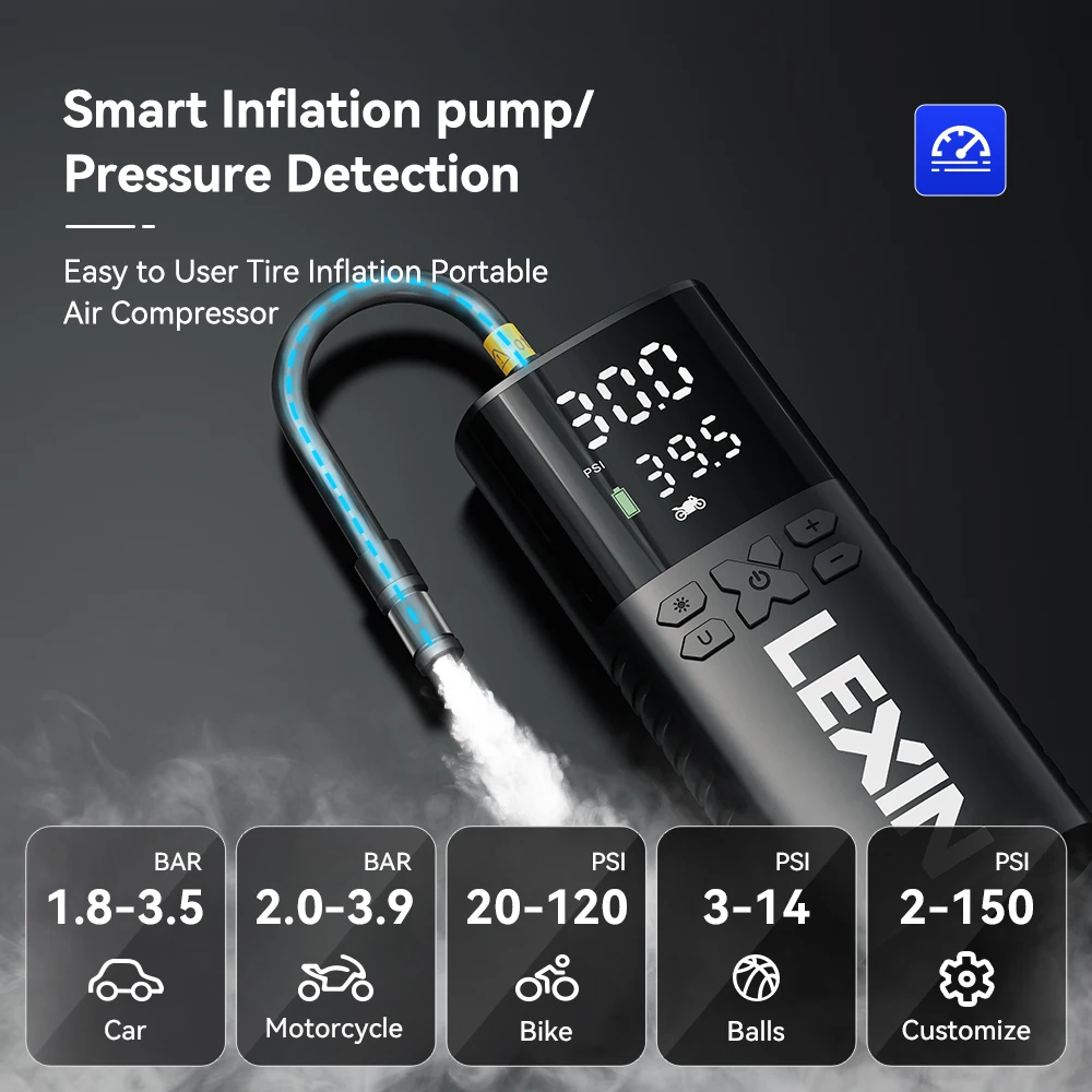 Lexin P4 Smart Air Pump 4000mAh for Motorcycles Tire Inflator Bicycle Boat with LED Digital&Preset Pressure Inflation