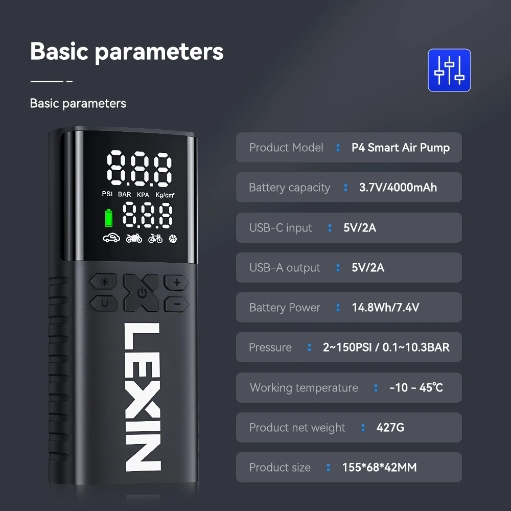 Lexin P4 Smart Air Pump 4000mAh for Motorcycles Tire Inflator Bicycle Boat with LED Digital&Preset Pressure Inflation