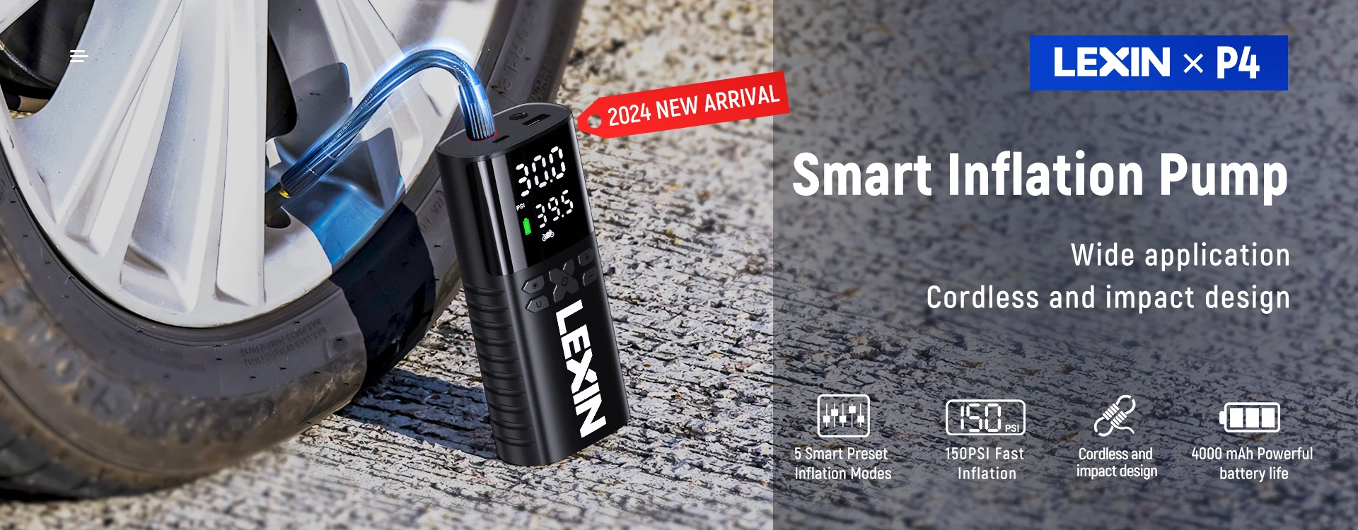 Lexin P4 Smart Air Pump 4000mAh for Motorcycles Tire Inflator Bicycle Boat with LED Digital&Preset Pressure Inflation