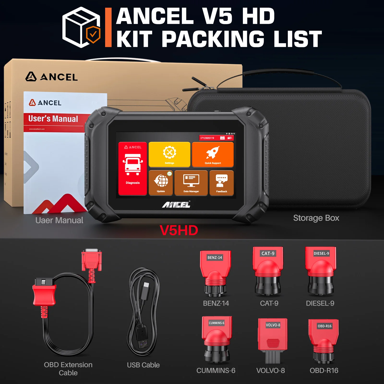 ANCEL V5 HD 12V 24V Heavy Duty Truck OBD2 Scanner Full System 2024 Diagnostic Tool Wifi Scanner D.PF Regeration ECU Programming