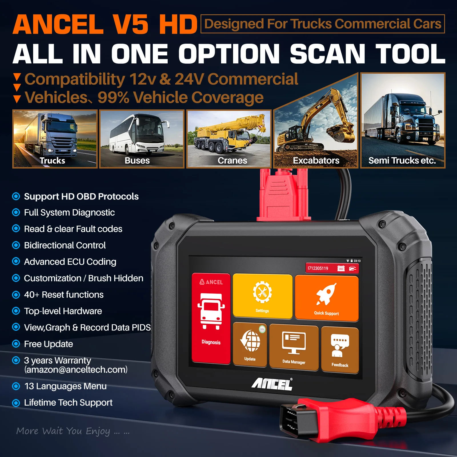 ANCEL V5 HD 12V 24V Heavy Duty Truck OBD2 Scanner Full System 2024 Diagnostic Tool Wifi Scanner D.PF Regeration ECU Programming