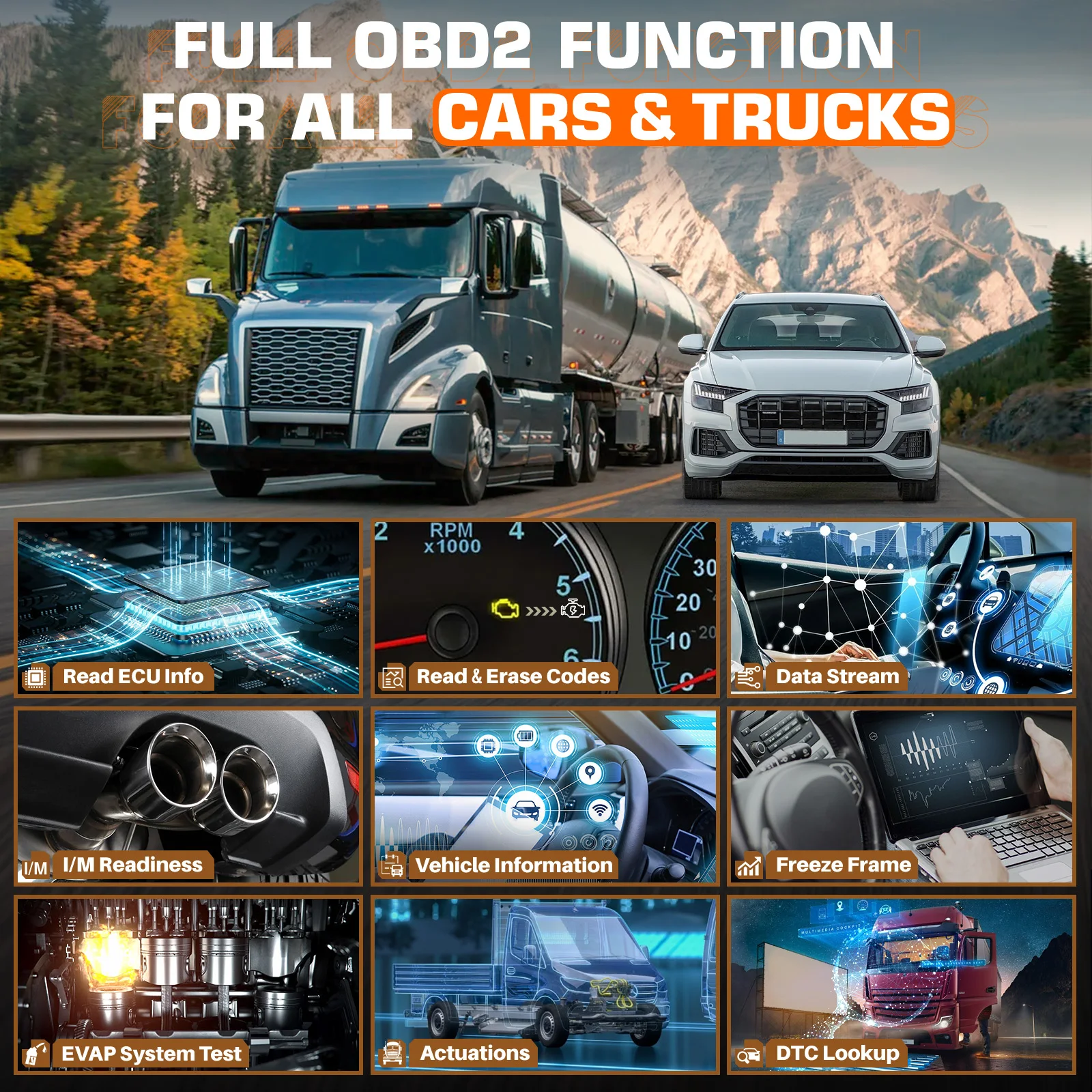ANCEL V5 HD 12V 24V Heavy Duty Truck OBD2 Scanner Full System 2024 Diagnostic Tool Wifi Scanner D.PF Regeration ECU Programming